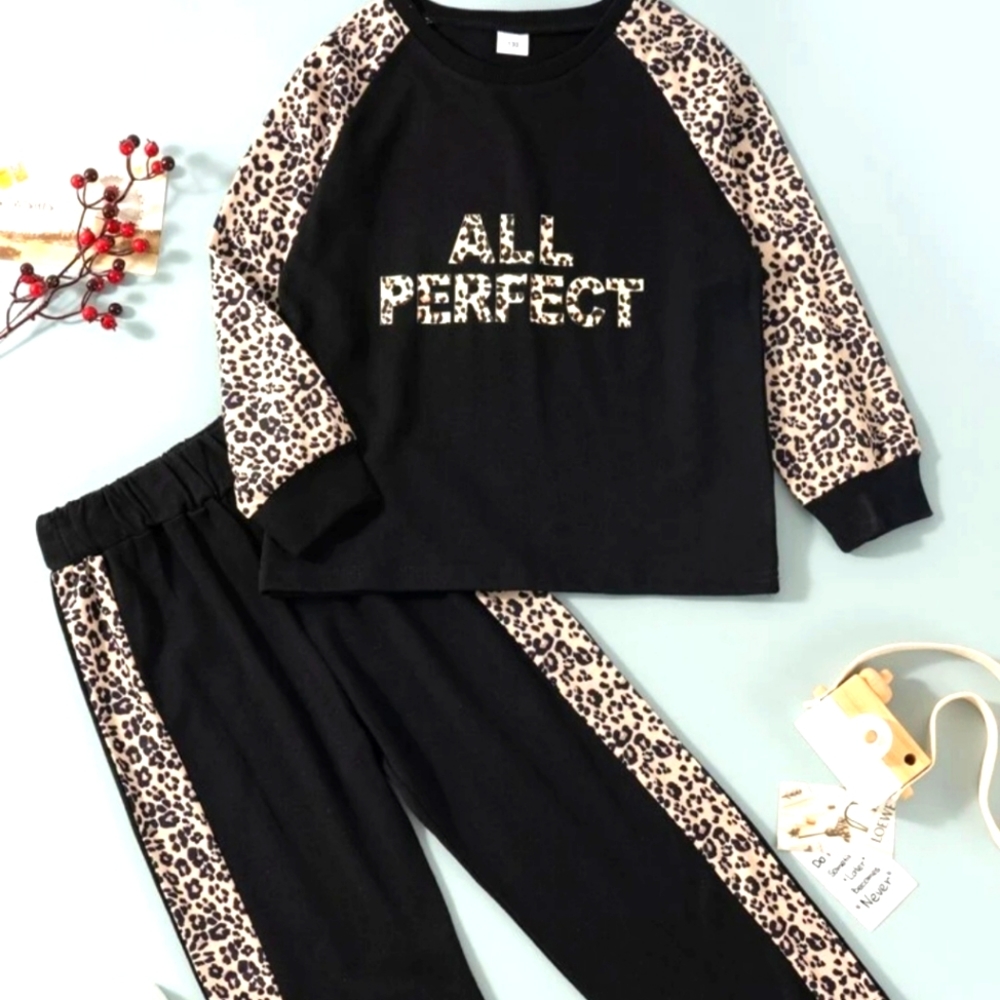 Girls Letter & Leopard Print Raglan Long Sleeve Pullover & Sweatpants